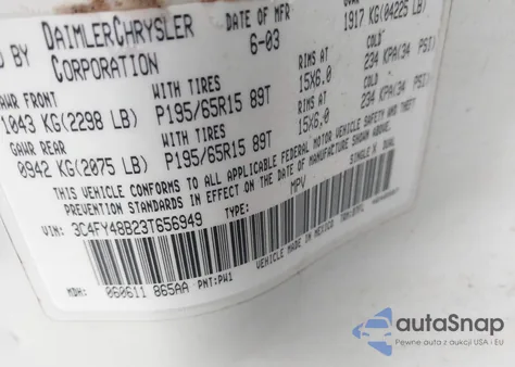 2003 Chrysler Pt Cruiser z USA, uszkodzony, nr VIN 3C4FY48B23T656949